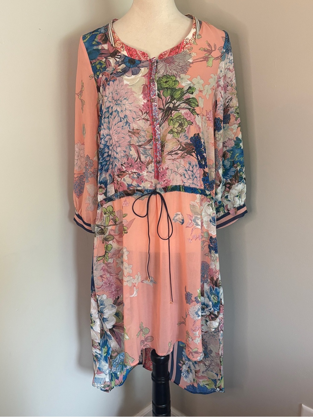 Aratta Silent Journey Sheer High-Low Drawstring Waist Dress Patchwork Floral S